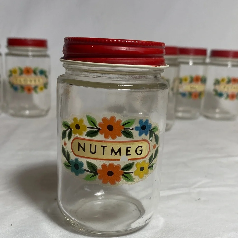 Vintage Set of 6 Glass Spice Jars with Red Metal Lids
